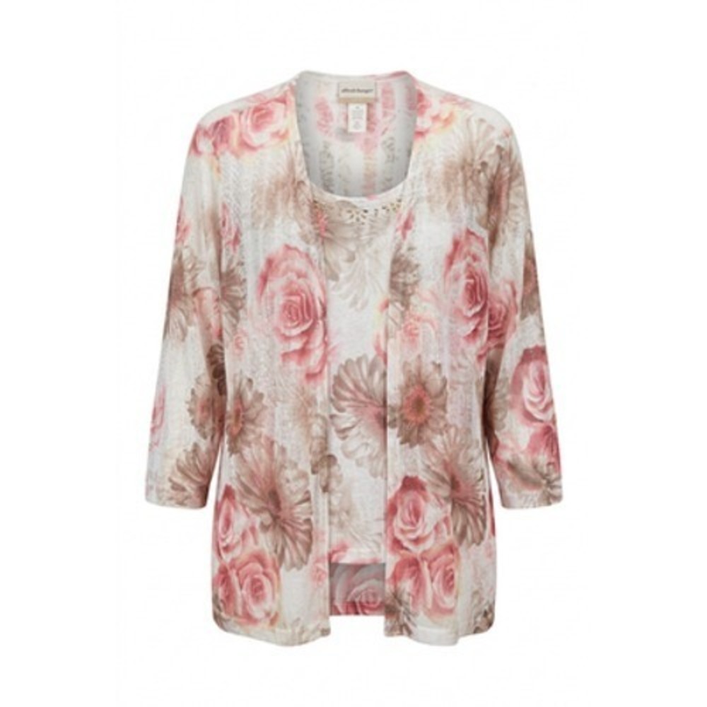Grandmacore Open Knit Cardigan Sweater Women 2X Pink Floral Rose Studs Romantic